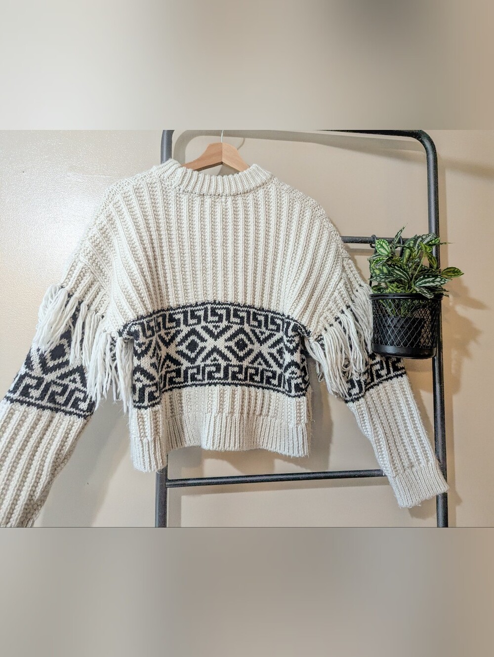 H&M Cream and Black Geometric Fringe Knit Sweater